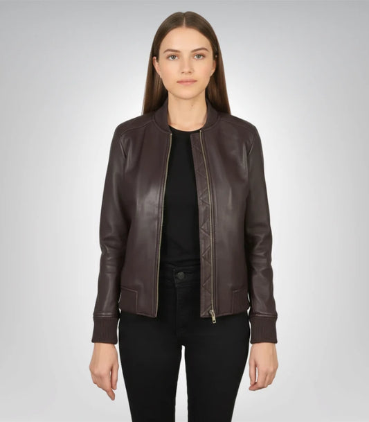 Bliss Maroon Leather Bomber Jacket – Classic Women’s Motorcycle Style