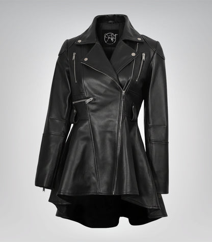 Women’s black leather peplum jacket with asymmetrical design
