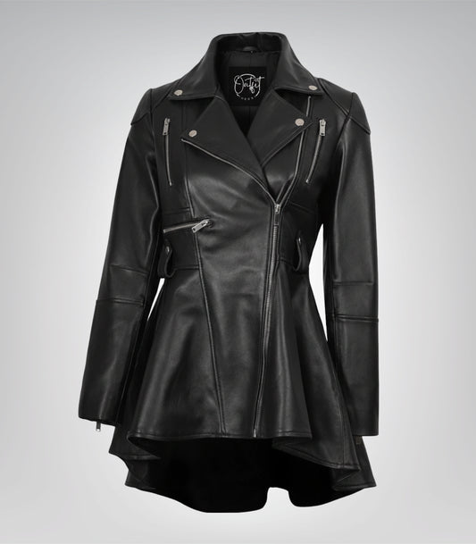Women’s black leather peplum jacket with asymmetrical design