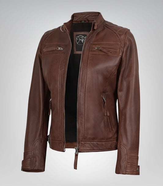 Women’s cognac moto leather jacket with quilted shoulder detail