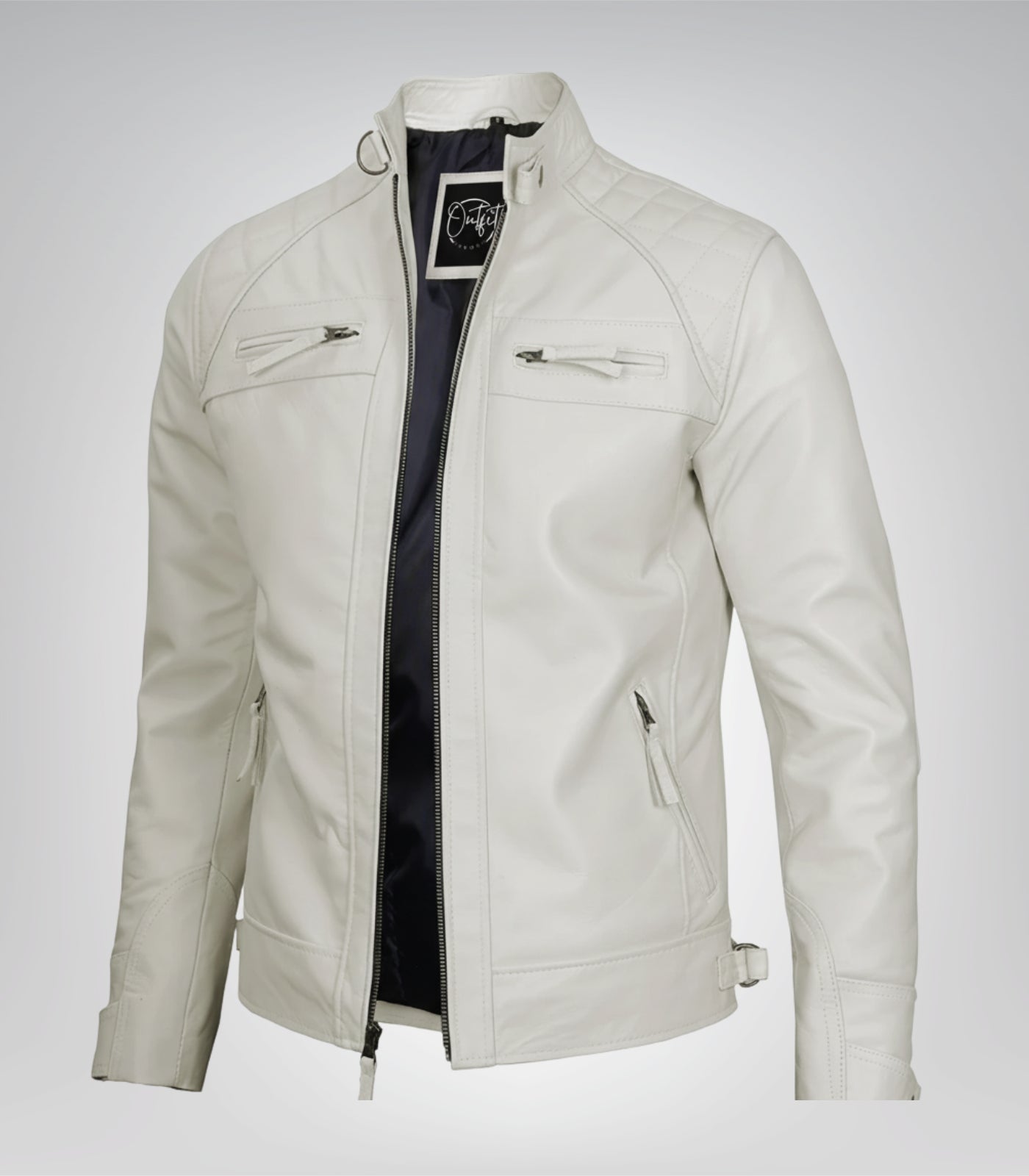Men’s off-white biker leather jacket with quilted shoulders