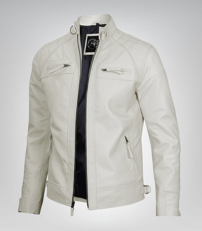 Men’s off-white biker leather jacket with quilted shoulders