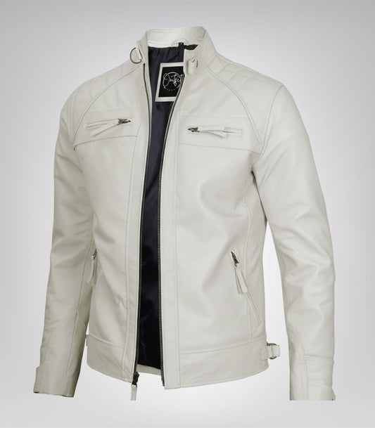Men’s off-white biker leather jacket with quilted shoulders