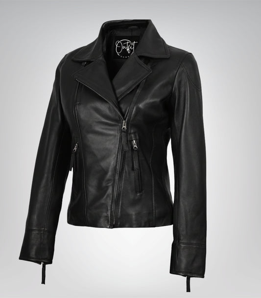 Ramsey women’s genuine black leather asymmetrical biker jacket