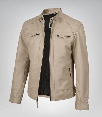 Beige men’s leather biker jacket with quilted shoulders