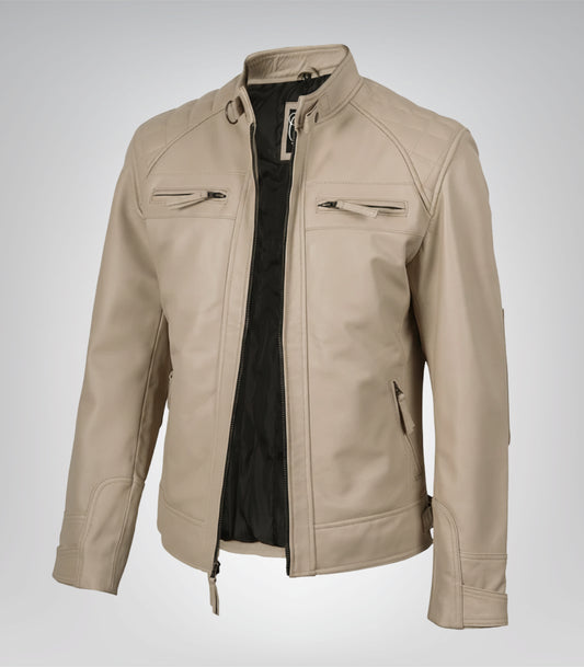 Beige men’s leather biker jacket with quilted shoulders