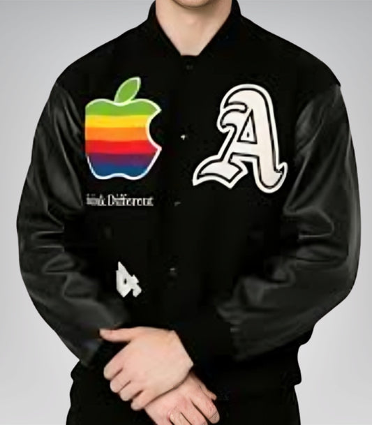 Chad Johnson Ochocinco black varsity jacket with wool body and vegan leather sleeves