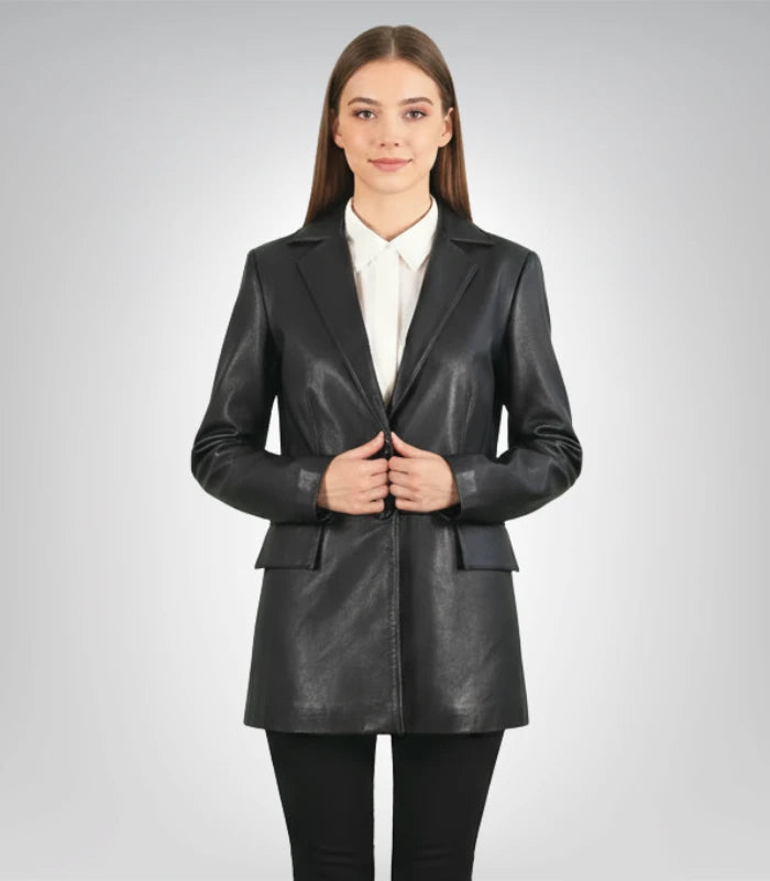 Marilyn Black Leather Blazer – Women’s Classic Tailored Jacket