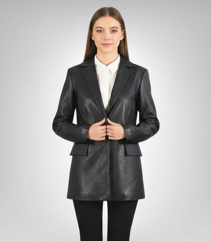 Marilyn Black Leather Blazer – Women’s Classic Tailored Jacket