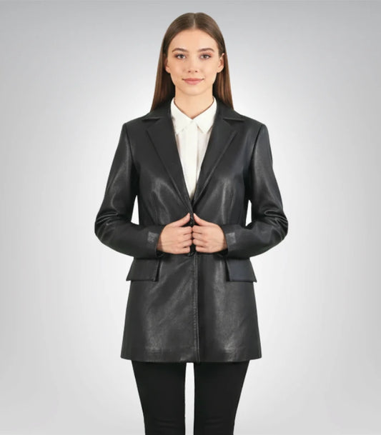 Marilyn Black Leather Blazer – Women’s Classic Tailored Jacket