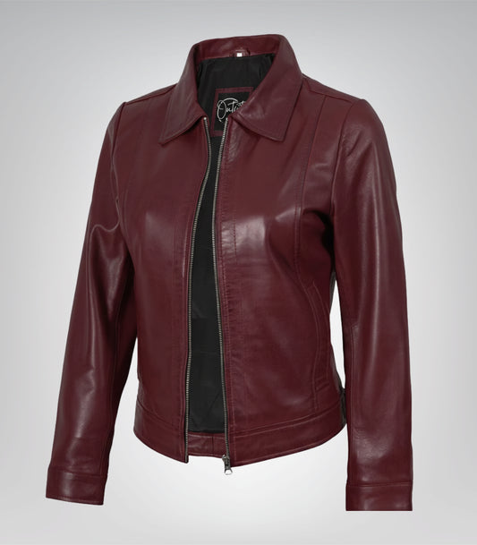 Women’s burgundy leather jacket featuring a classic shirt collar