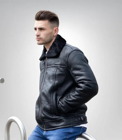 Warm men’s black shearling bomber coat – vintage B3 pilot jacket