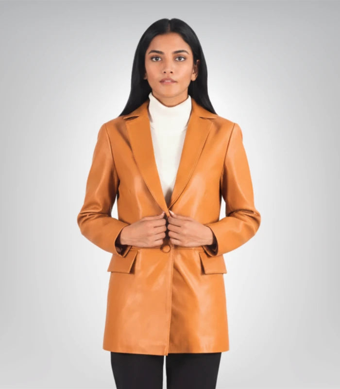 Marilyn tan brown leather blazer for women – classic jacket style