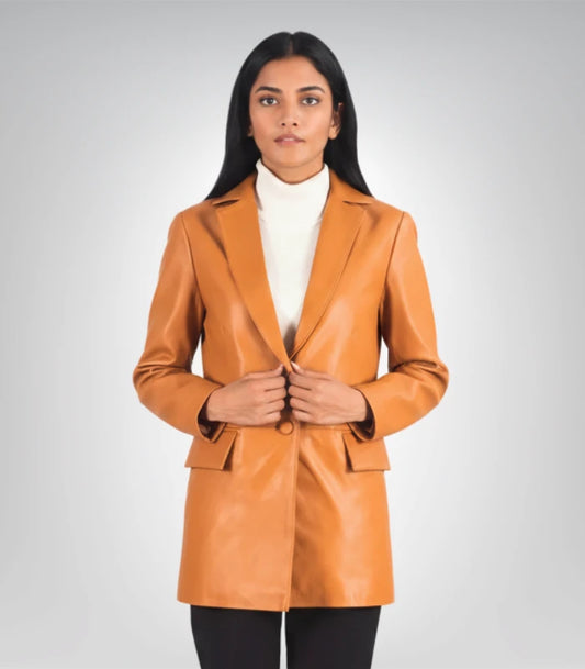 Marilyn tan brown leather blazer for women – classic jacket style