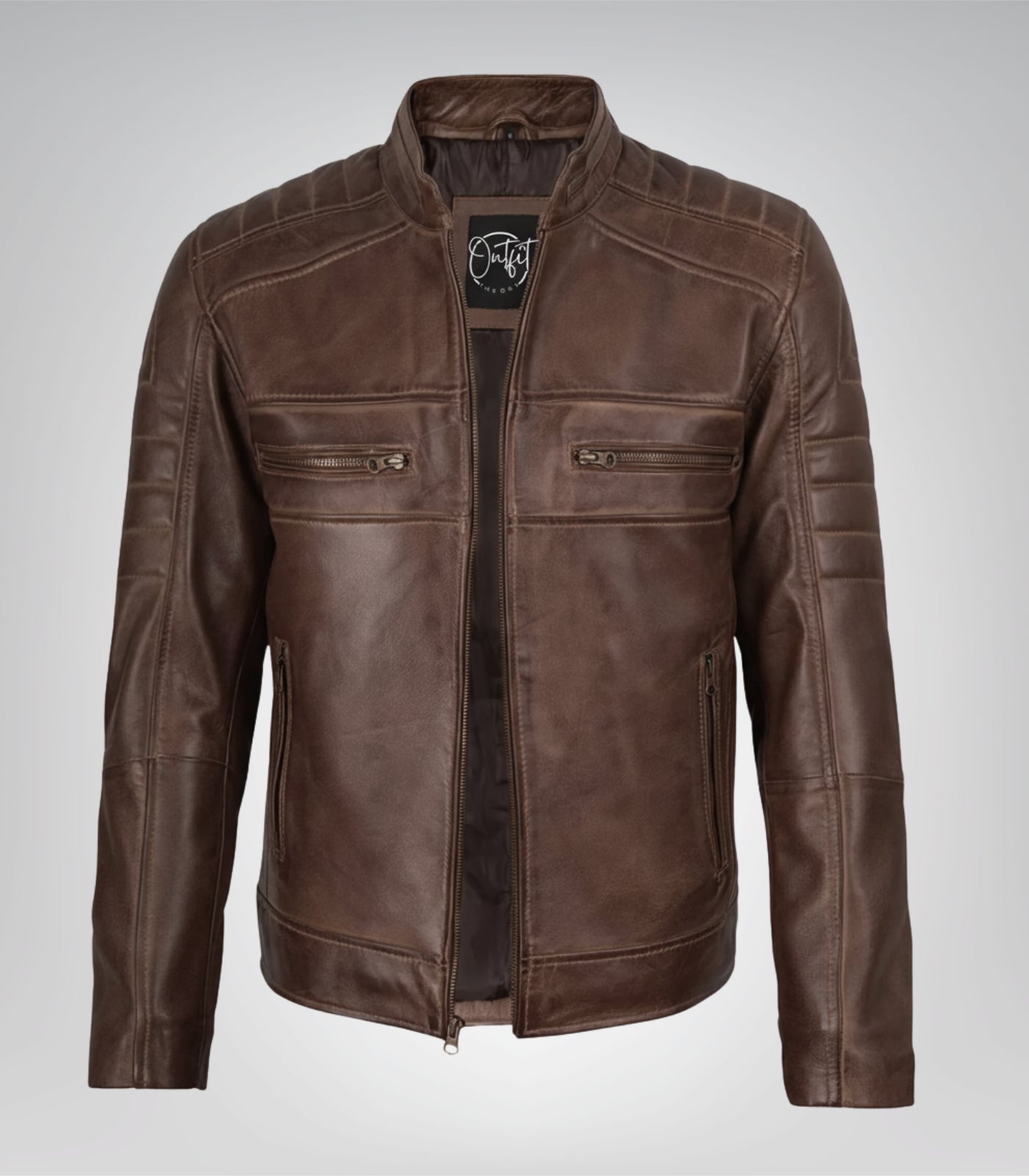 Stylish distressed brown coffee leather biker jacket for men