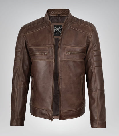 Stylish distressed brown coffee leather biker jacket for men