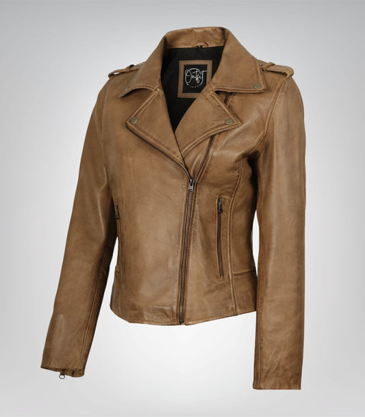 Women’s camel brown genuine leather biker jacket