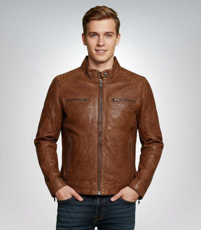 Men's waxed sheepskin fashion leather jacket – elegant brown style