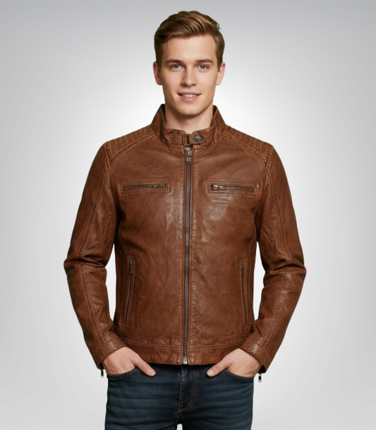 Men's waxed sheepskin fashion leather jacket – elegant brown style