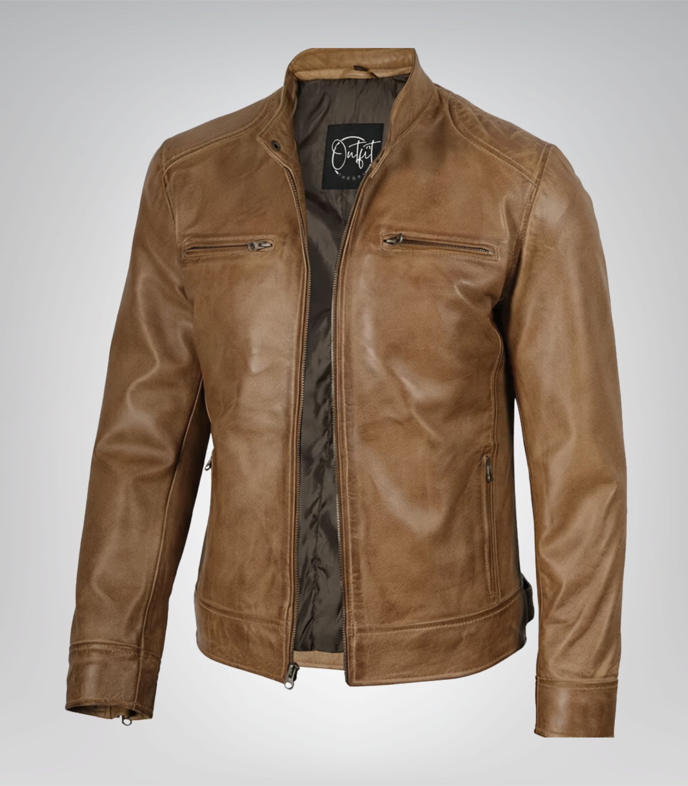 Men’s camel brown leather moto jacket