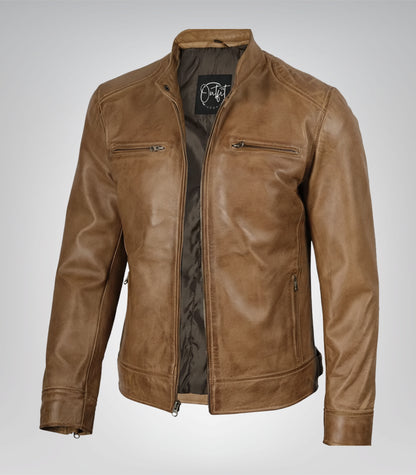 Men’s camel brown leather moto jacket