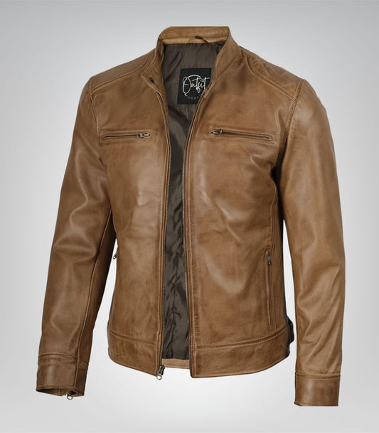 Men’s camel brown leather moto jacket