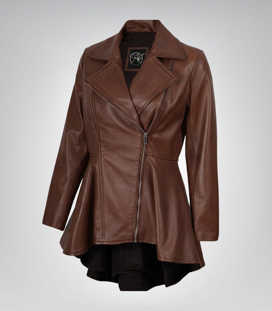Women’s cognac leather jacket with flared peplum design
