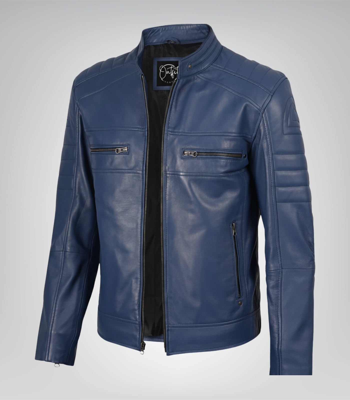 Stylish blue real leather motorcycle jacket for men – handcrafted