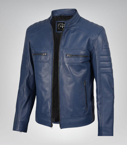 Stylish blue real leather motorcycle jacket for men – handcrafted
