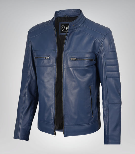 Stylish blue real leather motorcycle jacket for men – handcrafted