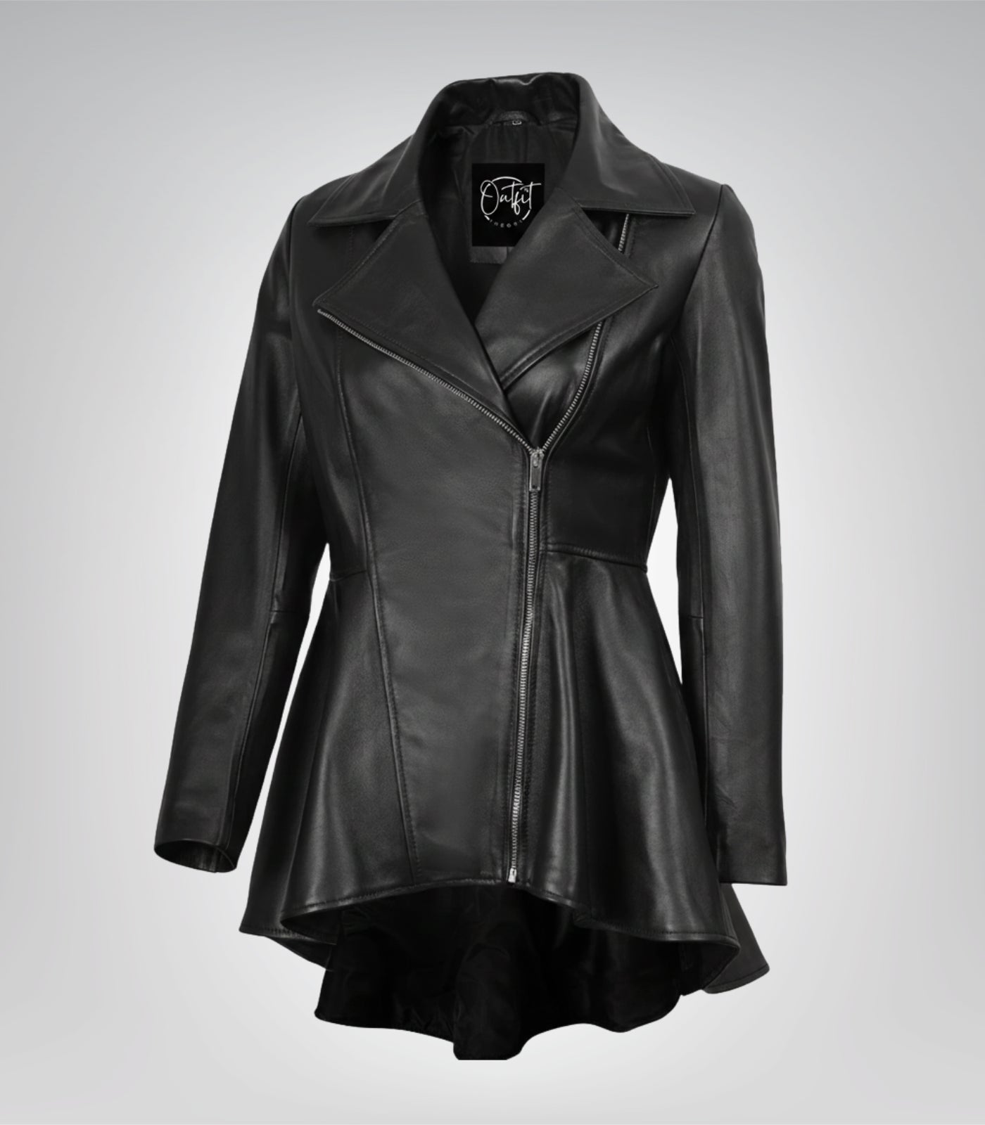 Clarissa women’s black leather jacket with flared peplum design