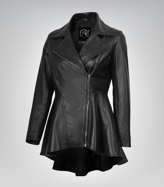 Clarissa women’s black leather jacket with flared peplum design