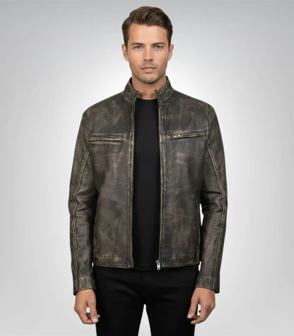 Ionic men's distressed brown leather jacket – vintage biker style