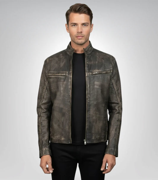 Ionic men's distressed brown leather jacket – vintage biker style