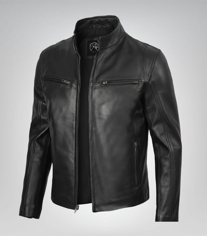 Men’s black leather motorcycle jacket in classic fit