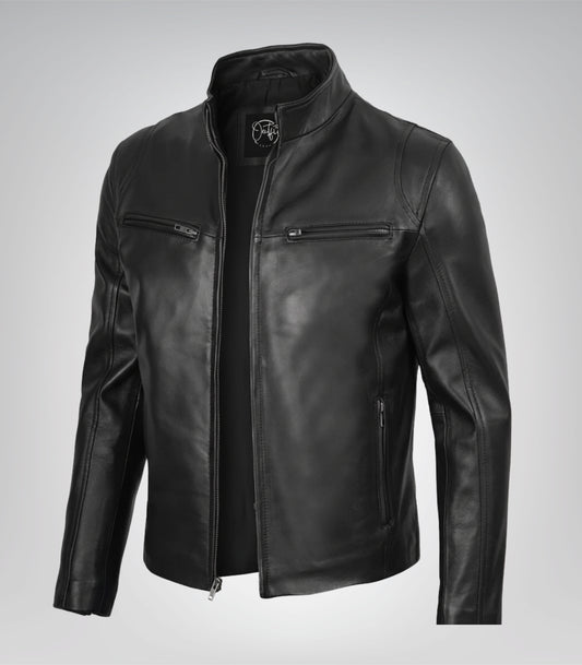Men’s black leather motorcycle jacket in classic fit