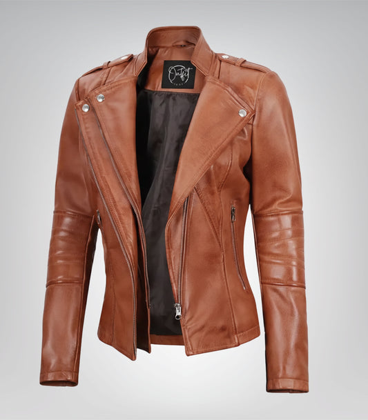 Women’s genuine tan leather asymmetrical biker jacket