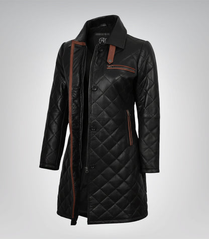 Glen women’s black quilted leather car coat with brown highlights
