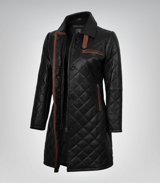 Glen women’s black quilted leather car coat with brown highlights