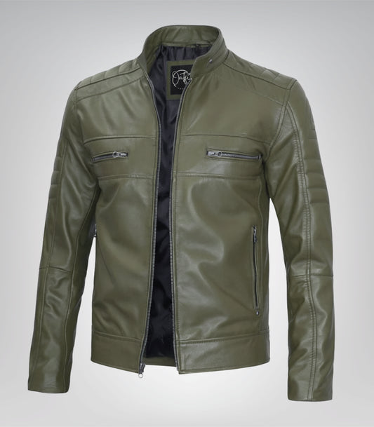 Men’s olive green leather biker jacket in real leather