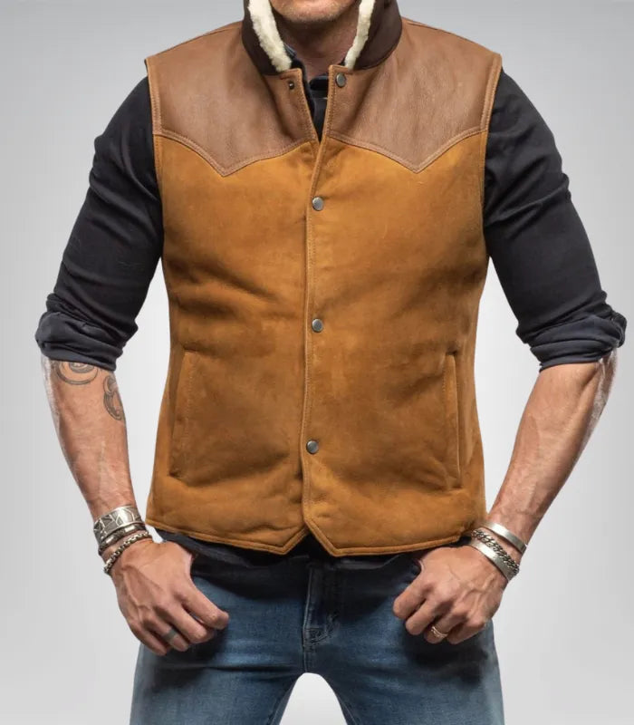 Men’s western shearling vest in tobacco brown – suede leather gilet