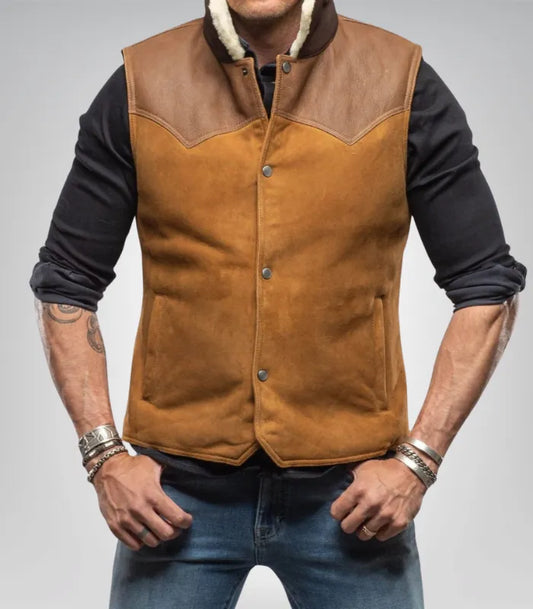 Men’s western shearling vest in tobacco brown – suede leather gilet