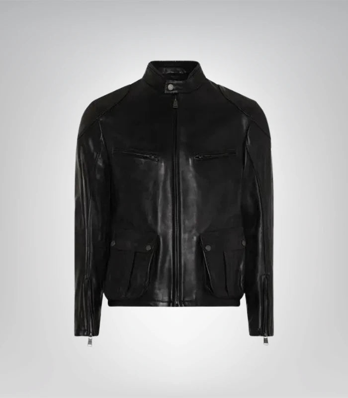 Premium quality brown leather biker jacket for men with zipper details
