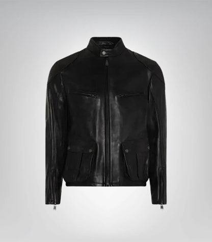 Premium quality brown leather biker jacket for men with zipper details