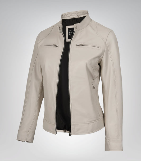 Women’s genuine leather biker jacket in off-white