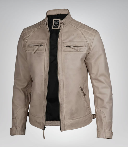 Warm beige men’s leather biker jacket