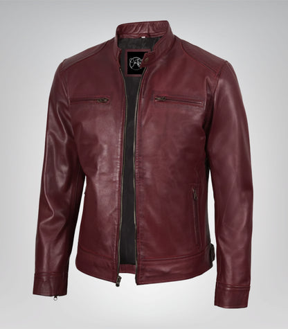 Burgundy men’s leather motorcycle jacket in biker style