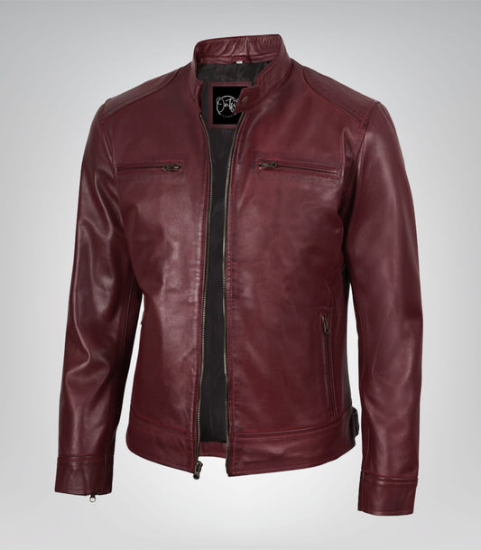Burgundy men’s leather motorcycle jacket in biker style