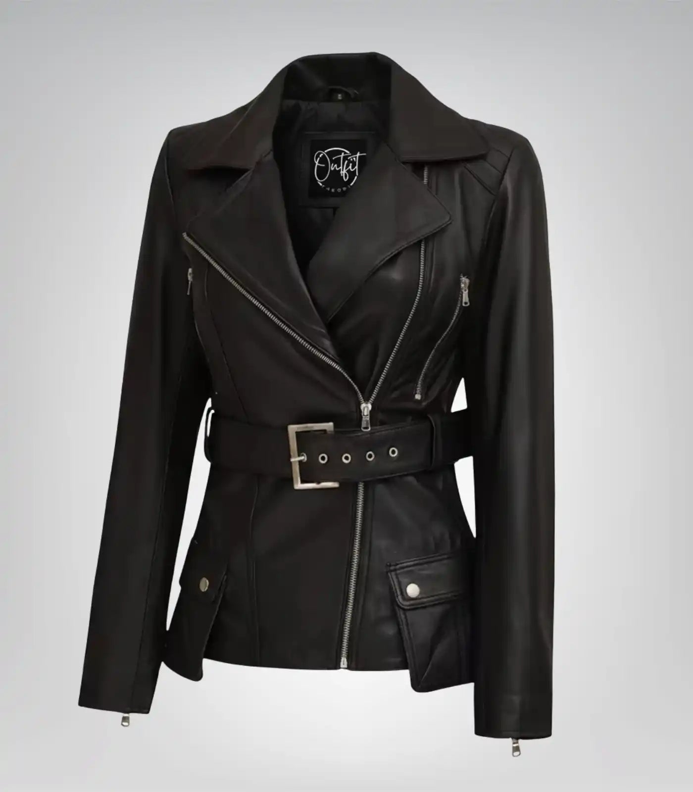 Women’s black genuine leather longline biker jacket with belted waist