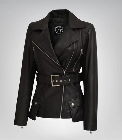 Women’s black genuine leather longline biker jacket with belted waist